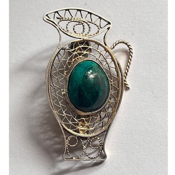 Vintage Filigree Sterling Silver 925 Eilat Stone Jug Pitcher Brooch Pin Israel - Picture 1 of 9